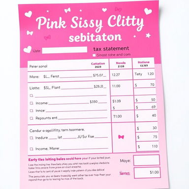 A fun and quirky design for a pink sissy clitty tax statement, featuring a bright pink color scheme with playful embellishments
