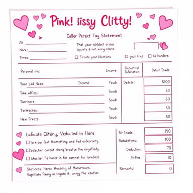 A fun and quirky design for a pink sissy clitty tax statement, featuring a bright pink color scheme with playful embellishments