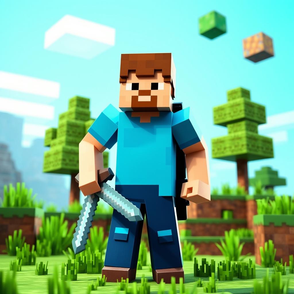 A Minecraft player standing confidently in a vibrant, blocky landscape, wearing a bright blue t-shirt and a stylish hat