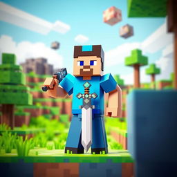 A Minecraft player standing confidently in a vibrant, blocky landscape, wearing a bright blue t-shirt and a stylish hat