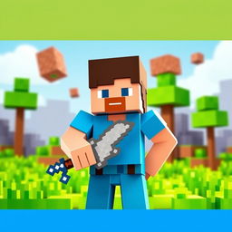 A Minecraft player standing confidently in a vibrant, blocky landscape, wearing a bright blue t-shirt and a stylish hat