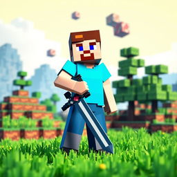 A Minecraft player standing confidently in a vibrant, blocky landscape, wearing a bright blue t-shirt and a stylish hat