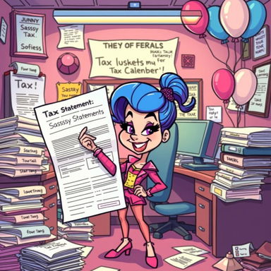 A whimsical and colorful cartoon-style illustration of a quirky tax office, overflowing with piles of papers and files labeled 'Sassy Tax Statements'