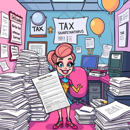 A whimsical and colorful cartoon-style illustration of a quirky tax office, overflowing with piles of papers and files labeled 'Sassy Tax Statements'