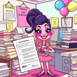 A whimsical and colorful cartoon-style illustration of a quirky tax office, overflowing with piles of papers and files labeled 'Sassy Tax Statements'