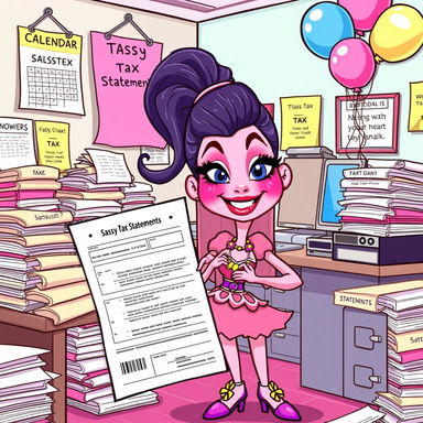 A whimsical and colorful cartoon-style illustration of a quirky tax office, overflowing with piles of papers and files labeled 'Sassy Tax Statements'