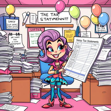 A whimsical and colorful cartoon-style illustration of a quirky tax office, overflowing with piles of papers and files labeled 'Sassy Tax Statements'