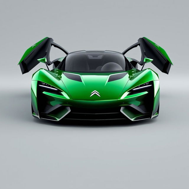 A 3D rendering of a CITROËN hypercar featuring a sleek and aerodynamic body made of green chrome