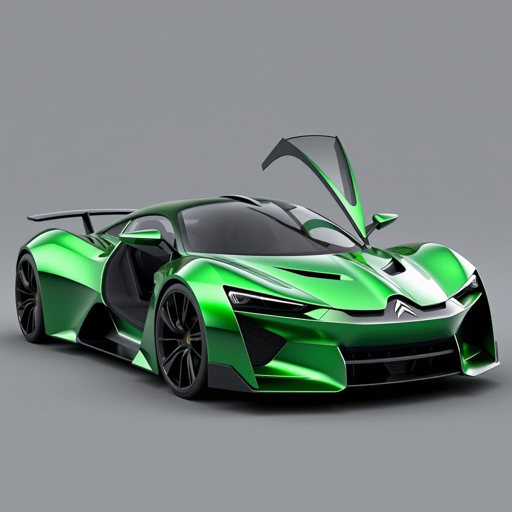 A 3D rendering of a CITROËN hypercar featuring a sleek and aerodynamic body made of green chrome