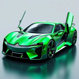 A 3D rendering of a CITROËN hypercar featuring a sleek and aerodynamic body made of green chrome