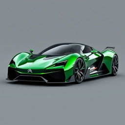 A 3D rendering of a CITROËN hypercar featuring a sleek and aerodynamic body made of green chrome