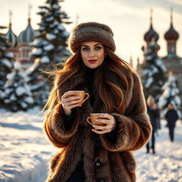 An elegant Russian woman, dressed in a luxurious fur coat and a stylish winter hat, walking gracefully through a snowy landscape