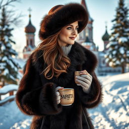 An elegant Russian woman, dressed in a luxurious fur coat and a stylish winter hat, walking gracefully through a snowy landscape