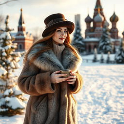An elegant Russian woman, dressed in a luxurious fur coat and a stylish winter hat, walking gracefully through a snowy landscape