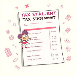 A whimsical, cartoonish representation of a tax statement, featuring a bright pink color scheme
