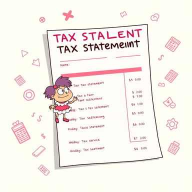 A whimsical, cartoonish representation of a tax statement, featuring a bright pink color scheme