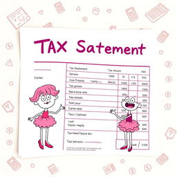 A whimsical, cartoonish representation of a tax statement, featuring a bright pink color scheme