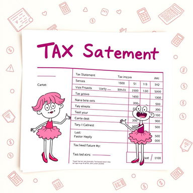 A whimsical, cartoonish representation of a tax statement, featuring a bright pink color scheme
