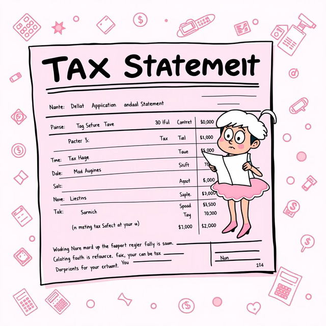 A whimsical, cartoonish representation of a tax statement, featuring a bright pink color scheme