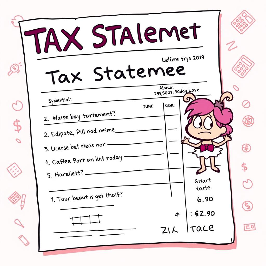 A whimsical, cartoonish representation of a tax statement, featuring a bright pink color scheme