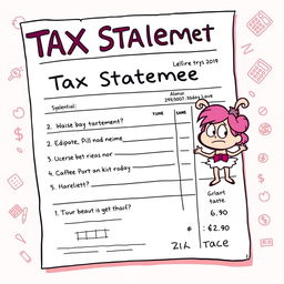 A whimsical, cartoonish representation of a tax statement, featuring a bright pink color scheme