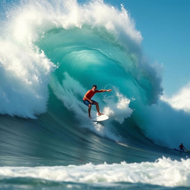 A dynamic and thrilling scene of a surfer expertly riding a massive wave, captured from a low angle perspective to emphasize the height of the wave and the energy of the moment