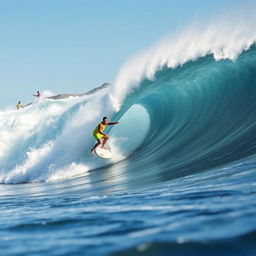 A dynamic and thrilling scene of a surfer expertly riding a massive wave, captured from a low angle perspective to emphasize the height of the wave and the energy of the moment