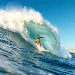 A dynamic and thrilling scene of a surfer expertly riding a massive wave, captured from a low angle perspective to emphasize the height of the wave and the energy of the moment