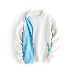 A 3D image on a white background featuring a white cotton sweater and a sky blue sports jacket