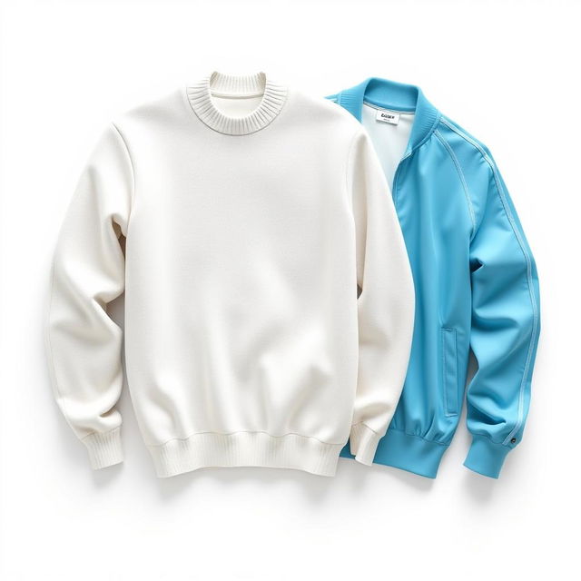 A 3D image on a white background featuring a white cotton sweater and a sky blue sports jacket