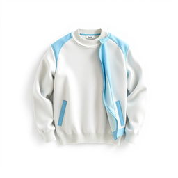 A 3D image on a white background featuring a white cotton sweater and a sky blue sports jacket