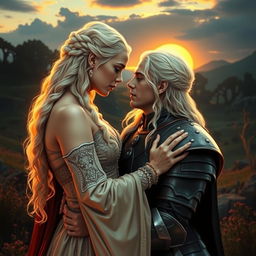 A dramatic scene depicting Daenerys Targaryen and Robb Stark in a passionate embrace set against the backdrop of a lush, fantasy landscape reminiscent of Westeros