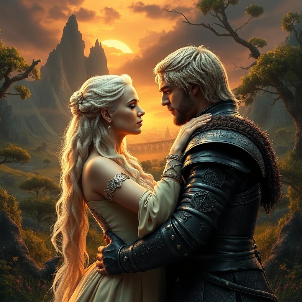 A dramatic scene depicting Daenerys Targaryen and Robb Stark in a passionate embrace set against the backdrop of a lush, fantasy landscape reminiscent of Westeros