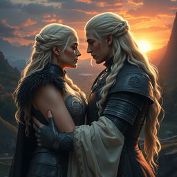 A dramatic scene depicting Daenerys Targaryen and Robb Stark in a passionate embrace set against the backdrop of a lush, fantasy landscape reminiscent of Westeros