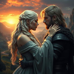 A dramatic scene depicting Daenerys Targaryen and Robb Stark in a passionate embrace set against the backdrop of a lush, fantasy landscape reminiscent of Westeros