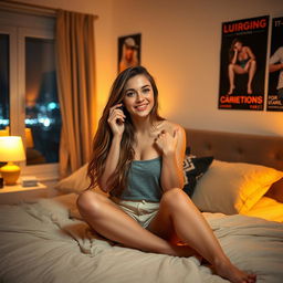 A 22 year old woman with long, flowing hair, sitting on her bed in a cozy, well-decorated bedroom