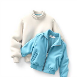 A 3D cartoon-style illustration on a white background featuring a cotton sweater in white and a sporty jacket in sky blue