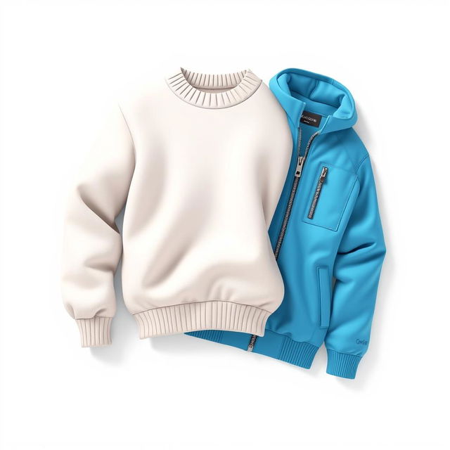 A 3D cartoon-style illustration on a white background featuring a cotton sweater in white and a sporty jacket in sky blue