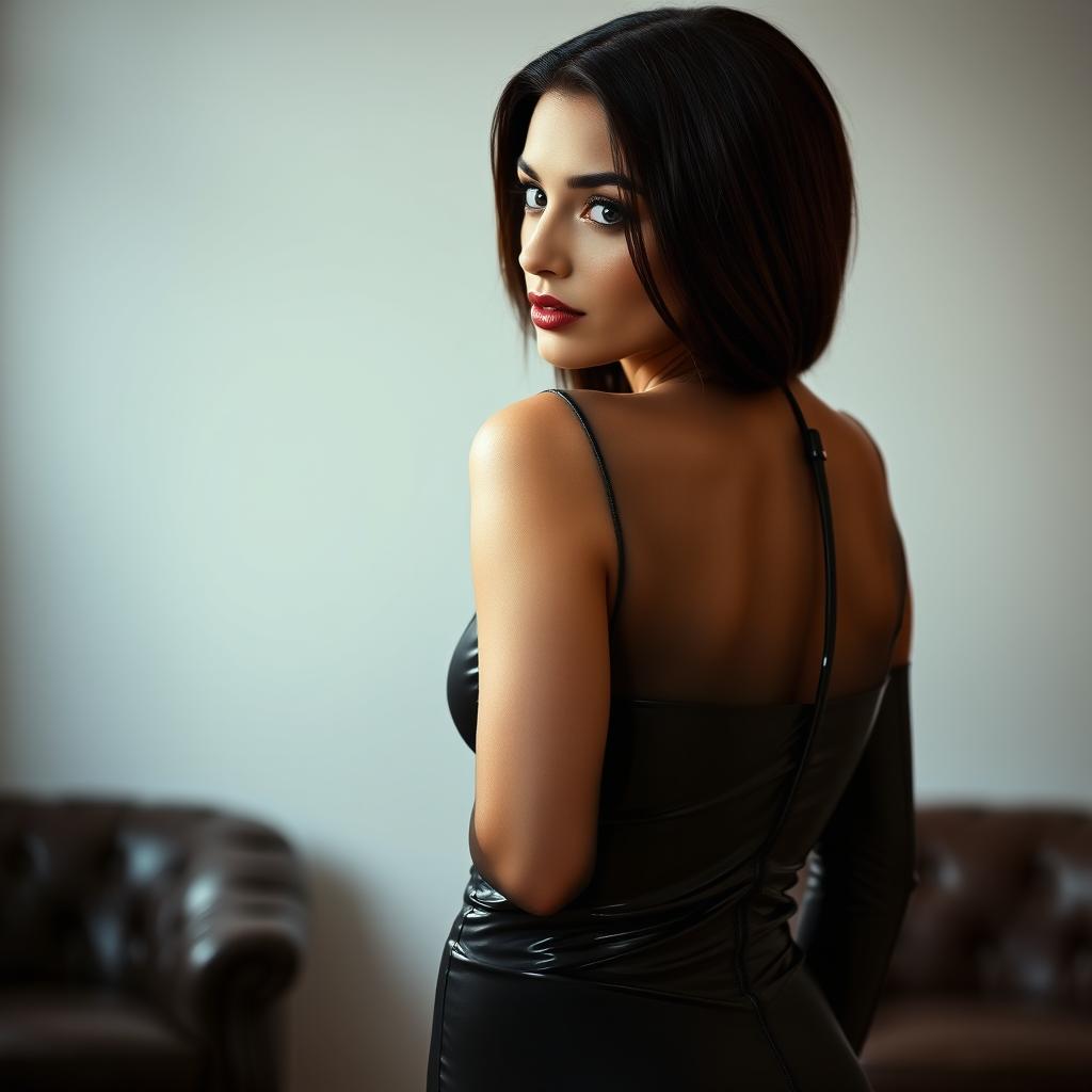A glamorous brunette woman in a tight, shiny latex catsuit, captured from behind