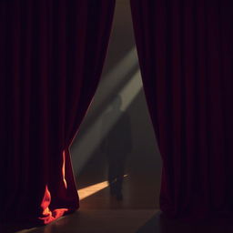 A mysterious scene of a pair of heavy velvet curtains being drawn aside, revealing a glimpse of an empty room