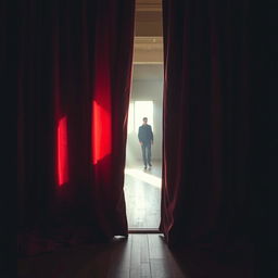 A mysterious scene of a pair of heavy velvet curtains being drawn aside, revealing a glimpse of an empty room