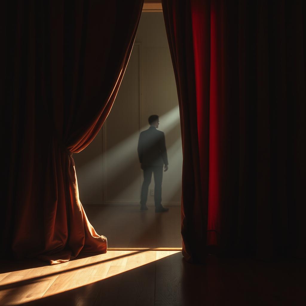 A mysterious scene of a pair of heavy velvet curtains being drawn aside, revealing a glimpse of an empty room