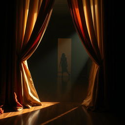 A mysterious scene of a pair of heavy velvet curtains being drawn aside, revealing a glimpse of an empty room