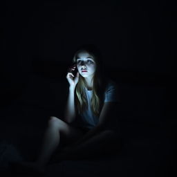 A girl sitting on her bed in a very dark room, holding a phone to her ear while engaged in a conversation