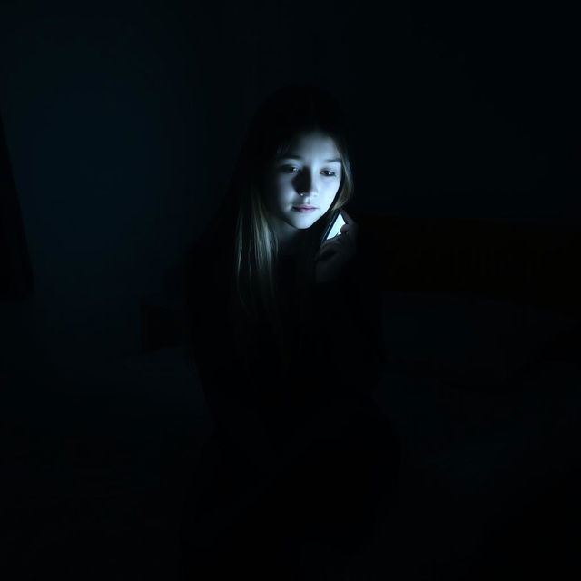 A girl sitting on her bed in a very dark room, holding a phone to her ear while engaged in a conversation