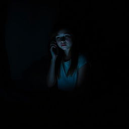 A girl sitting on her bed in a very dark room, holding a phone to her ear while engaged in a conversation