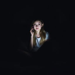 A girl sitting on her bed in a very dark room, holding a phone to her ear while engaged in a conversation