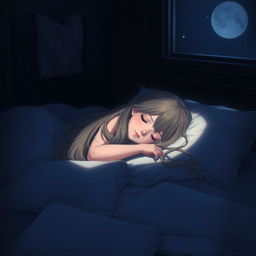 A girl with long flowing hair, gently illuminated by soft moonlight coming through a window, lying peacefully on a bed in a dark room