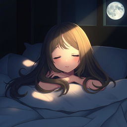 A girl with long flowing hair, gently illuminated by soft moonlight coming through a window, lying peacefully on a bed in a dark room