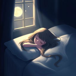 A girl with long flowing hair, gently illuminated by soft moonlight coming through a window, lying peacefully on a bed in a dark room
